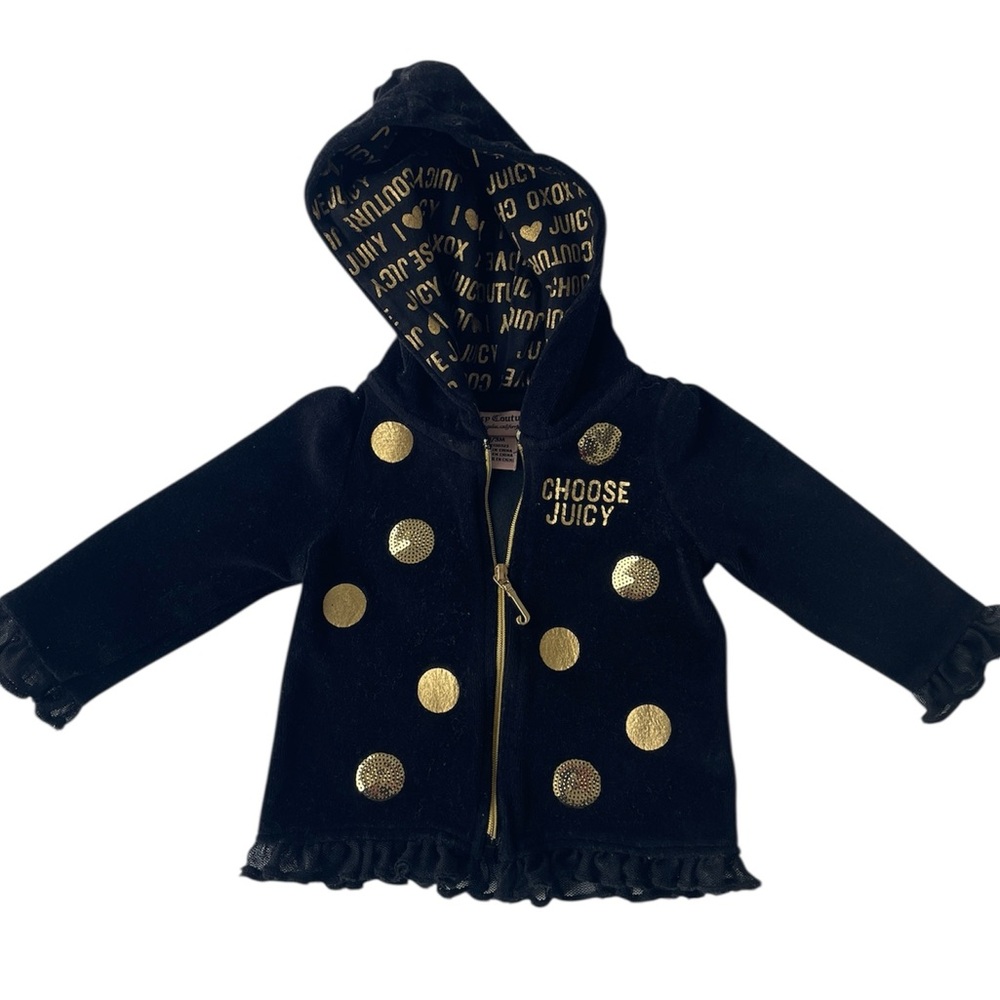 Juicy Couture Black Gold Velour Zip-Up Hoodie Jacket Lace Baby Girl 0-3 Months